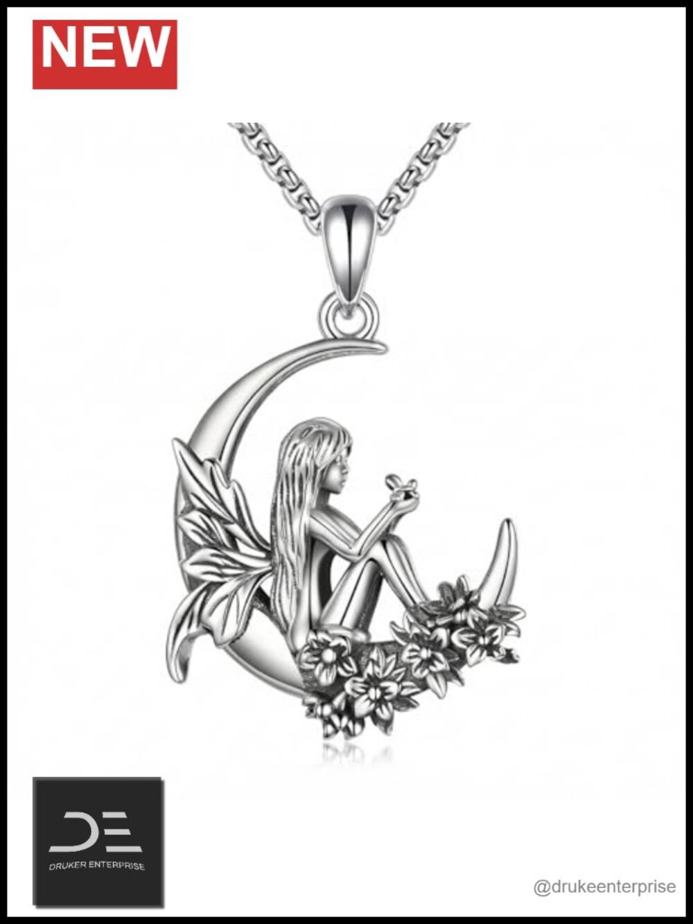 Fairy Necklace Moon Pendant Guardian Angel Stainless Steel 22-24 Inch